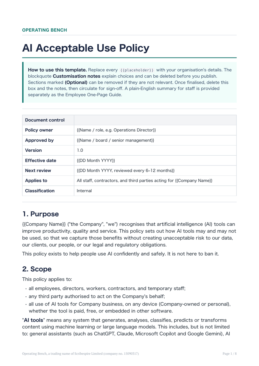 AI Acceptable Use Policy document, showing the editable fill-in fields